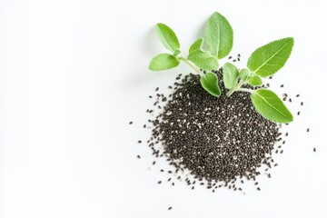 Naklejka premium Nutritious chia seeds nestled beside vibrant sage leaves a healthy and natural food image with bright lighting and clean white