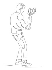 Man recording video with camera and stabilizer. Continuous line drawing. Black and white vector illustration in line art style.