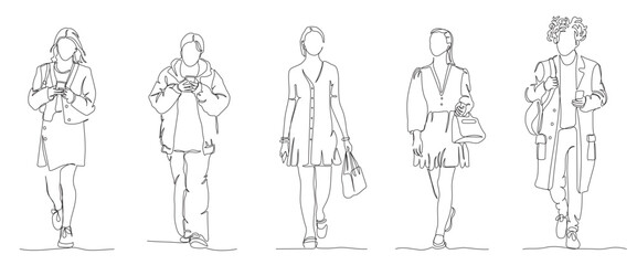 People walking set. Front view. Continuous line drawing elements. Black and white vector illustration in line art style.
