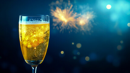 New Year's Eve toast, a champagne glass filled with sparkling golden liquid in close-up, with fireworks in the background on a dark blue background. Banner design template
