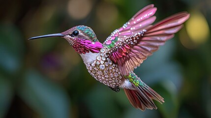 Fototapeta premium Hummingbird hovering mid-flight near flowers for nature photography, pollination, and vibrant wildlife visuals.