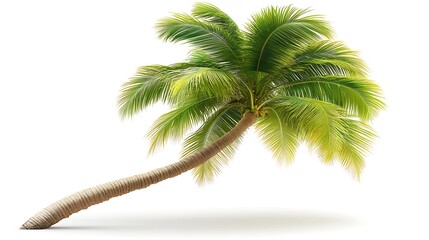 Lush, leaning coconut palm tree on white