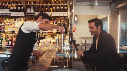 Smart bartender serving drink gin fizz with lemon sliced to VIP guest while waiting friend at luxurious counter bar. Barman providing excellent service at vibrant nightlife party atmosphere. Vinosity.