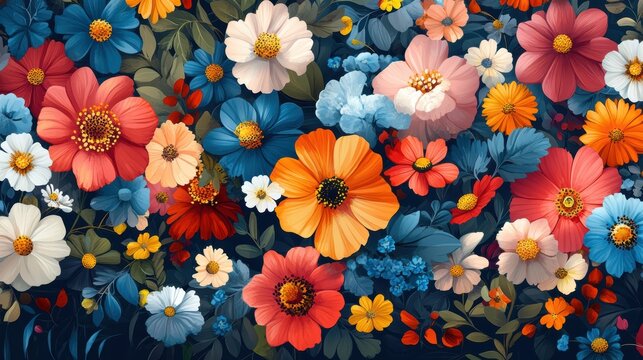 A lively floral background with bright, colorful flowers scattered across the design