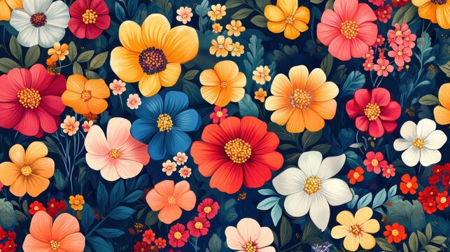 A lively floral background with bright, colorful flowers scattered across the design