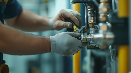 Mechanic Adjusting Industrial Valve with Wrench