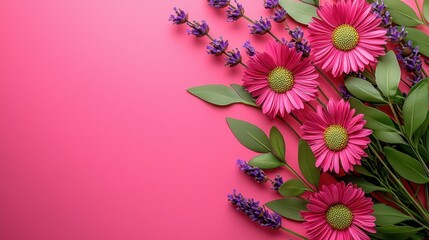 Vibrant wildflower bouquet featuring pink daisies, lavender sprigs, and green foliage, arranged diagonally on a bright bubblegum pink background with spacious negative space, vivid and detailed.