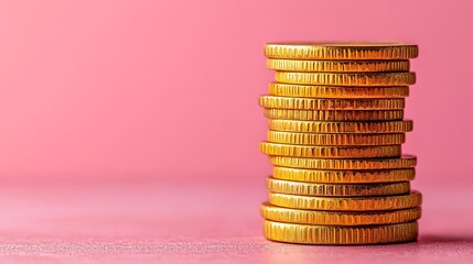 A vertical stack of golden coins on pink