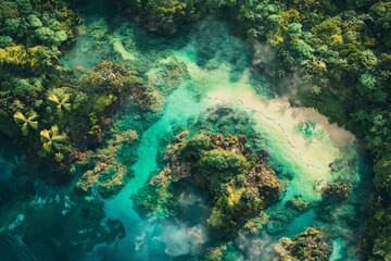 Lush tropical island paradise, turquoise waters, and dense foliage