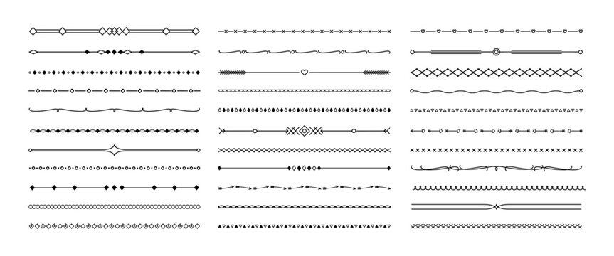Decorative simple divider. Line borders, dividers for page, text underline, geometric separator in minimal retro style for wedding invitation cards, certificate. Vector set