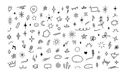 Doodle simple elements. Hand drawn star, flower and bird, crown and arrow, cloud and sparkles, glitter. Cute line sketch elements. Vector set