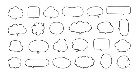 Simple speech bubbles. Cute thinking clouds frames in hand drawn comic conversation style, handwritten speech balloon shapes. Vector speech bubble set