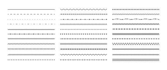 Decorative simple borders. Line dividers, text underline separators with geometric shapes, abstract dotted patterns for frame, banner and invitation wedding card. Vector set