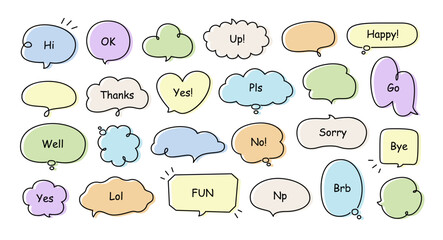 Fototapeta premium Text bubble. Simple text speech bubbles and chatting box, thinking clouds, comic talk message, fun words like hi and lol, brb and OK, thanks and yes, sorry. Vector set