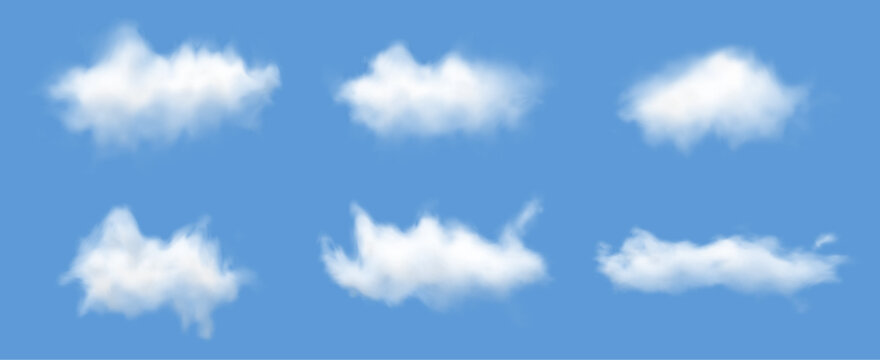 Realistic clouds. 3D white cloud set with fluffy clouds floating in blue sky, isolated cumulus cloud on summer cloudy background. Vector set