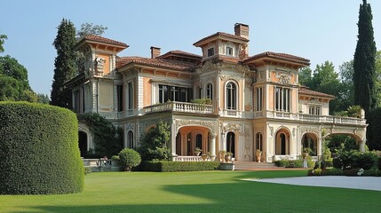 Luxury architecture featuring a grand mansion with elegant design and opulent landscaping for high-end real estate and design themes. 