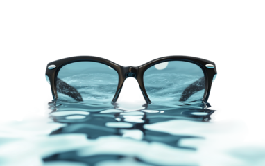 Floating sunglasses on a reflective water surface, creating a serene and stylish summer scene isolated on white background PNG