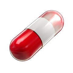 A red and white capsule pill, isolated on a clean white background