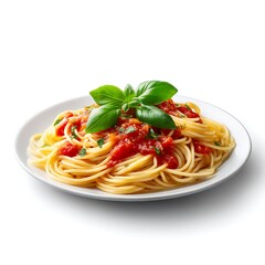 A plate of spaghetti with tomato sauce and basil, isolated on a white background. isolated on white background