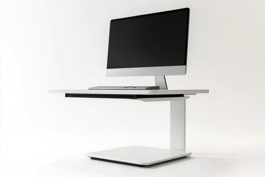 Modern white computer desk with integrated keyboard tray and sleek monitor.