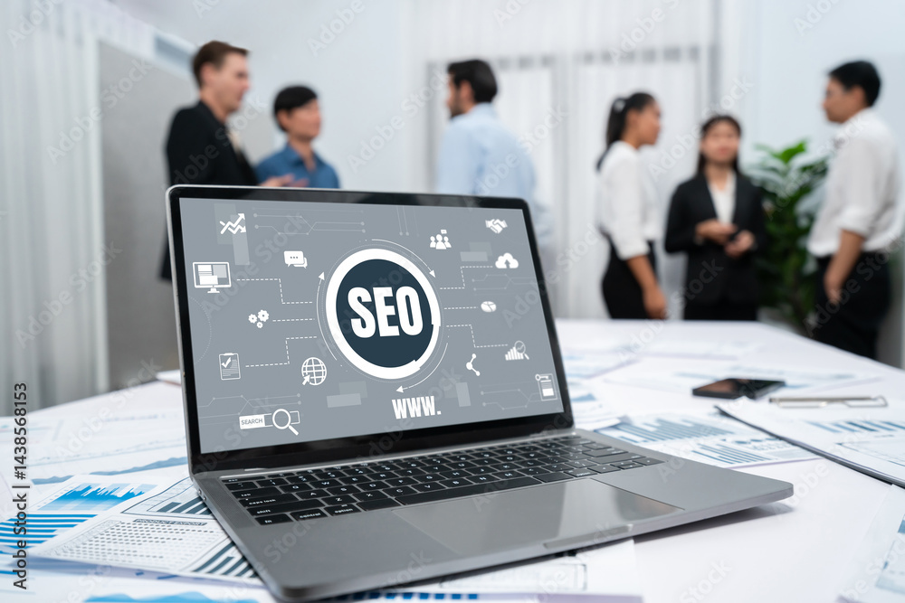 Aufkleber SEO search engine optimization for brisk e-commerce and online retail business showing on computer screen