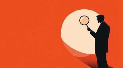 Businessman investigating, magnifying glass, red background, opportunity