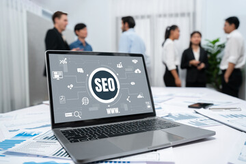 SEO search engine optimization for brisk e-commerce and online retail business showing on computer...