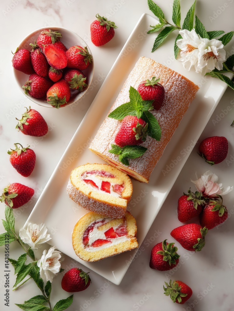 Poster sliced swiss roll cake with strawberry filling and mint on a clean flatlay with fresh strawberries a