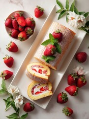 Sliced Swiss Roll Cake With Strawberry Filling and Mint on a Clean Flatlay With Fresh Strawberries Around