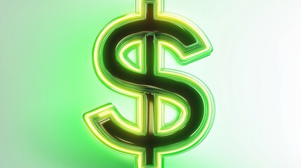Obraz premium Glowing Neon Green Dollar Sign on Gradient Background – 3D Finance Symbol for Money, Banking, and Investment Concepts