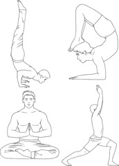 man doing yoga, yogi set of vector outline illustration