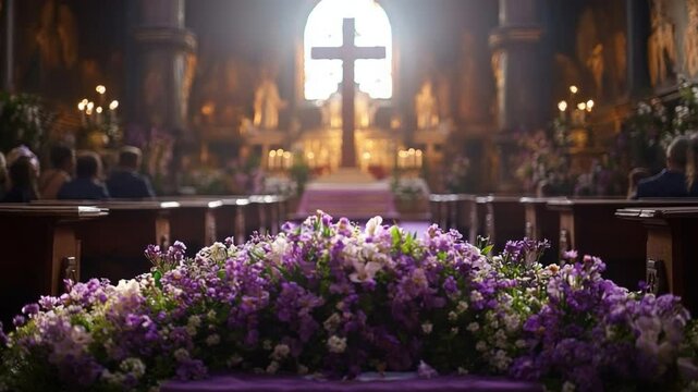A Floral Tribute: The solemn atmosphere of a cathedral is illuminated by a row of purple flowers at the front of an aisle. Reflecting on grief, respect, and the celebration of life.