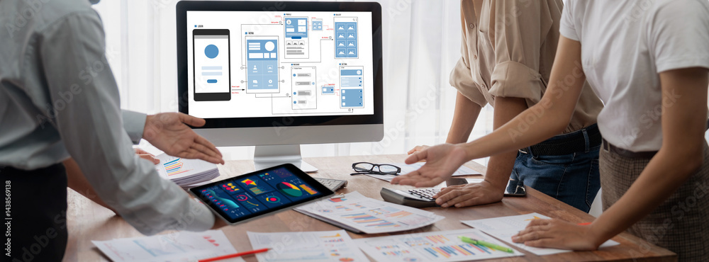 Poster UX UI design process for brisk mobile application and website . Creative prototype of wireframe for professional app developer .