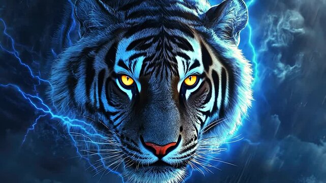 Powerful tiger portrait, electric storm background, intense focus