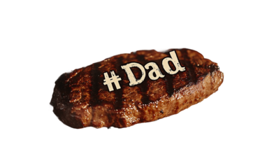 Close up view of sizzling grill with juicy steak branded with number one dad message isolated on white background PNG