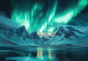 Naklejka premium Aurora Borealis over snow-covered mountains and frozen lake at night