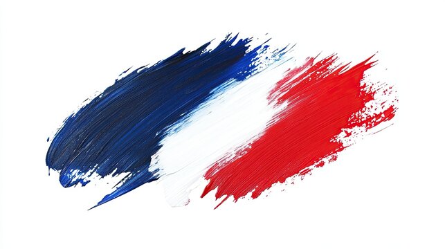 Abstract artistic representation of French flag colors painted with brush strokes on a white background.
