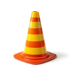 An orange and yellow striped traffic cone isolated on a white background
