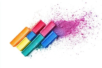 Vibrant rainbow chalk blocks explode in color a burst of artistic energy against a pristine white background showcasing a playful