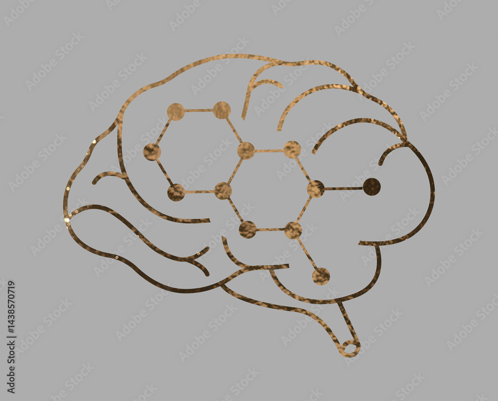 Poster golden brain with a neural network, symbolizing neuroscience, artificial intelligence, and cognitive processes. Shiny metallic textures and sleek design represent innovation, research, and the future.