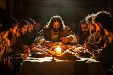 Fototapeta premium Group of people gathered around table sharing traditional meal in warm candlelit setting