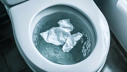 A white toilet with crumpled tissues floating in the water.