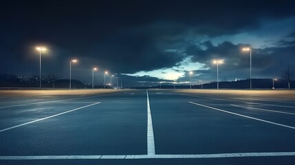 Empty nighttime parking lot with streetlamps, stars, and distant city lights.