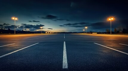 Empty nighttime parking lot with streetlamps, stars, and distant city lights.
