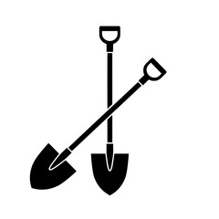 Symbolic Shovel Silhouette: A striking black silhouette of two crossed shovels, symbolizing the tools of labor, construction, and excavation.