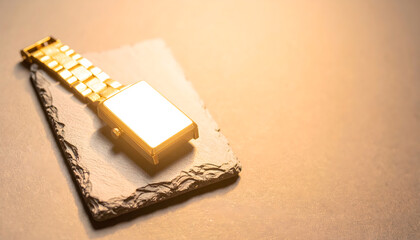 Elegant Gold Watch on Textured Slate with Warm Light Reflections