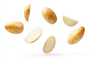 Obraz premium Yellow potatoes levitating fresh and delicious ready to cook showing their creamy interior against a clean white background perfect for