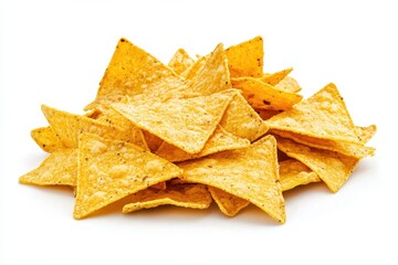 Fototapeta premium A crunchy pile of golden tortilla chips perfect for snacking or parties photographed against a bright white background with sharp focus