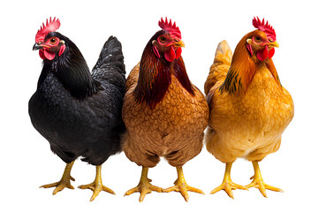 Fototapeta premium Three realistic chickens isolated on a transparent background PNG