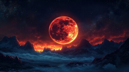 Red moon photography featuring a dramatic lunar eclipse with glowing red hues for space, astronomy, and celestial-themed project
